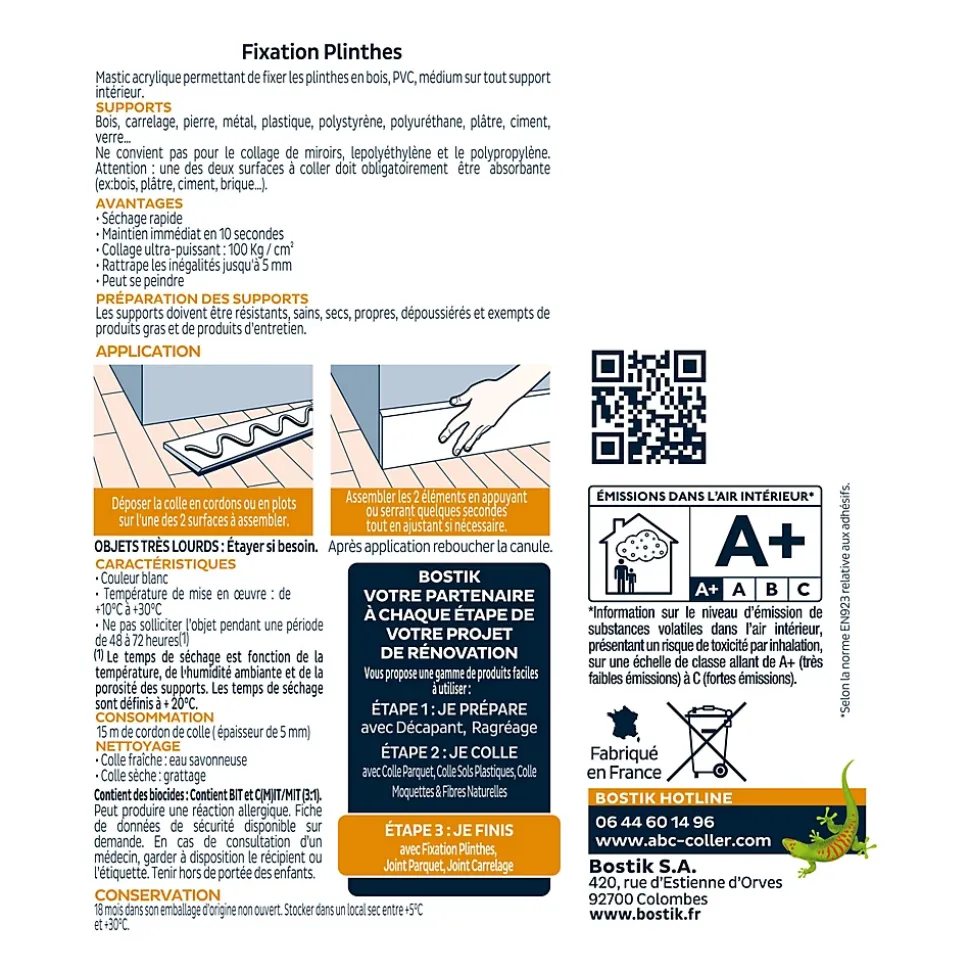 Colle Parquets Bostik Fixation Plinthes Cartouche 310 ml