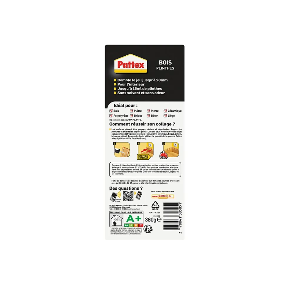 Colle Pattex fixation bois plinthes cartouche 380g