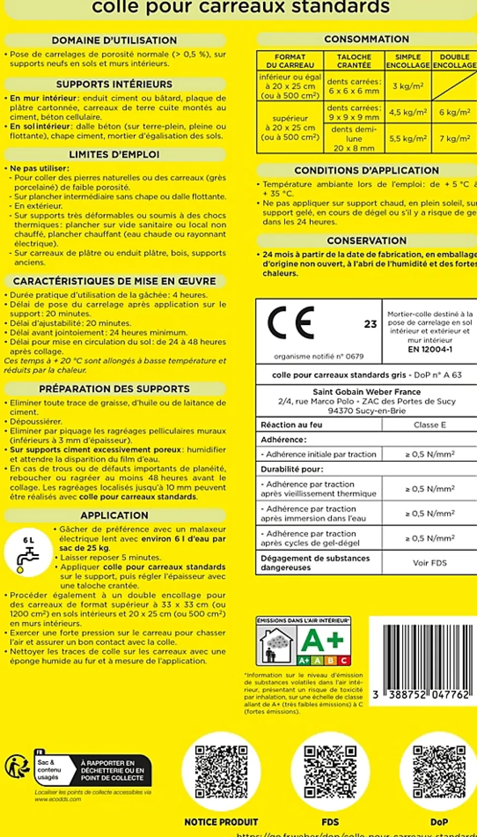 Colle pour carreaux standards gris Weber 25kg