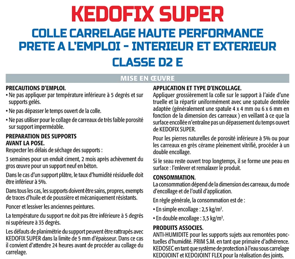 Colle pour Carrelage Haute Performance Kedofix Semin, Prêt à l'emploi, Intérieur/extérieur, seau de 5 kg