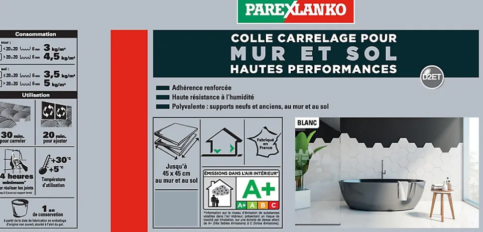 Colle pour carrelage mur et sol intérieur hautes performances blanc Parexlanko 1,5 kg