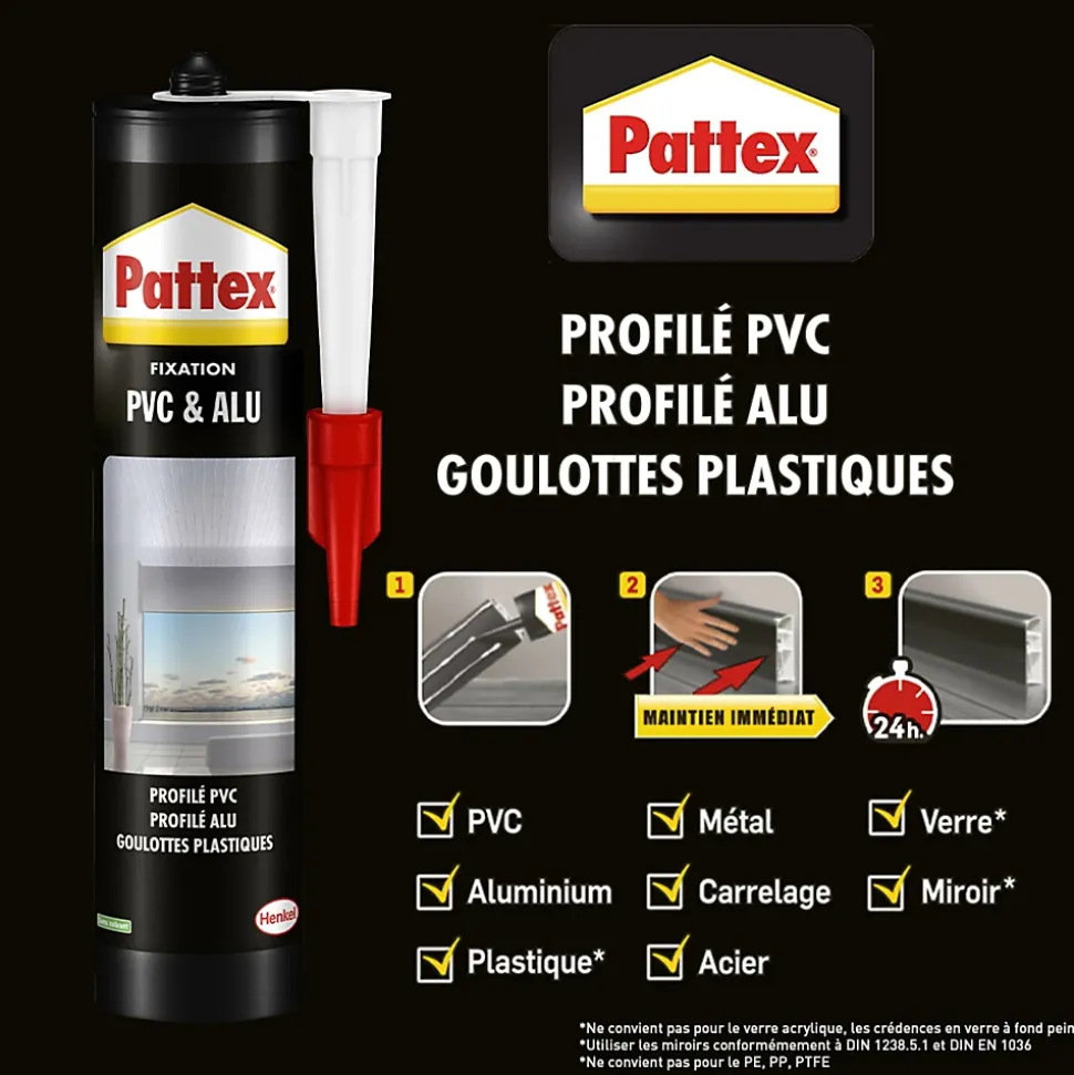 Colle pour fixation sur PVC et alu Pattex cartouche 450g