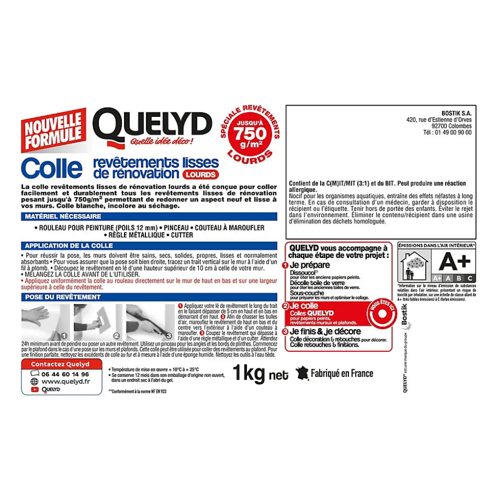 Colle pour revêtements lisses de rénovations lourds (jusqu'à 750g/m²) Quelyd pâte 1kg