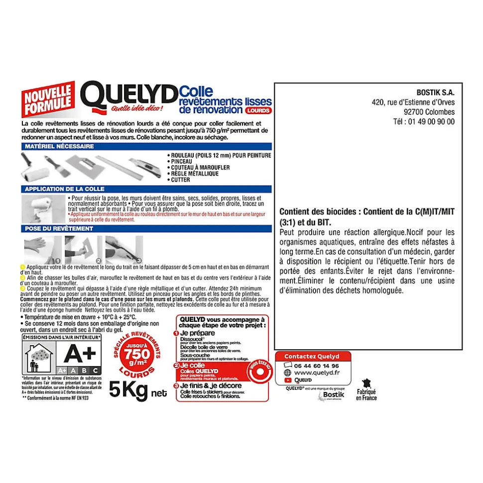 Colle pour revêtements lisses de rénovations lourds (jusqu'à 750g/m²) Quelyd pâte 5kg