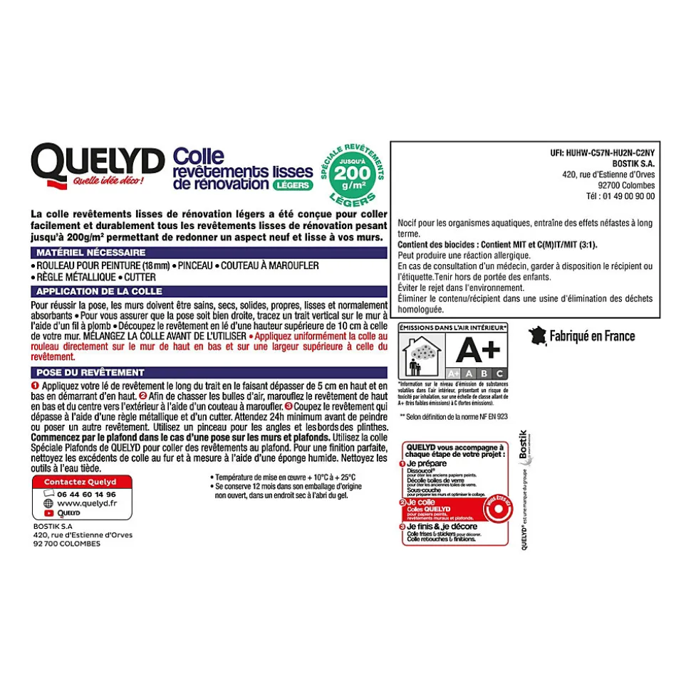 Colle pour revêtements lisses de rénovations légers (jusqu'à 200g/m²) Quelyd pâte 10kg
