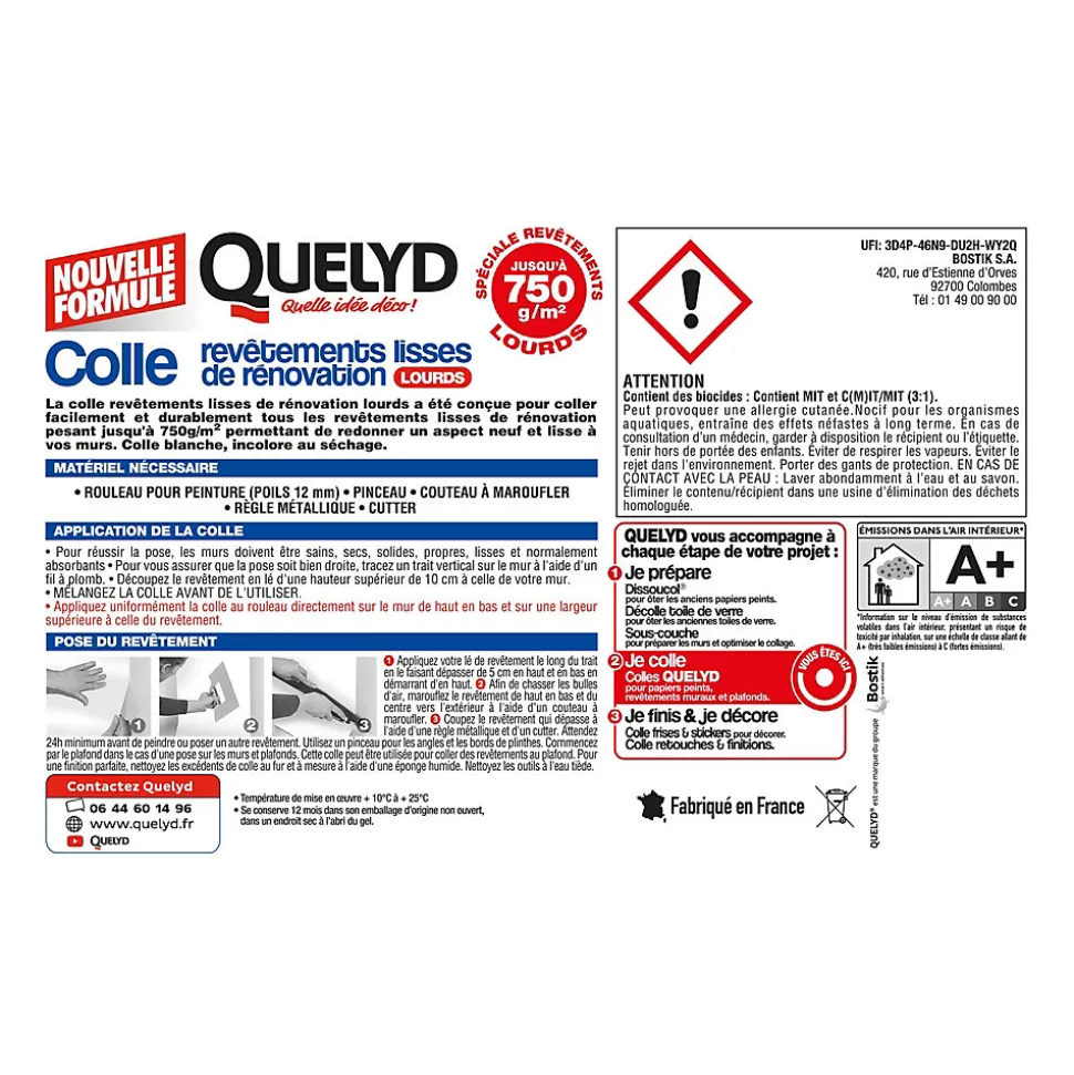 Colle pour revêtements lisses de rénovations lourds (jusqu'à 750g/m²) Quelyd pâte 10kg