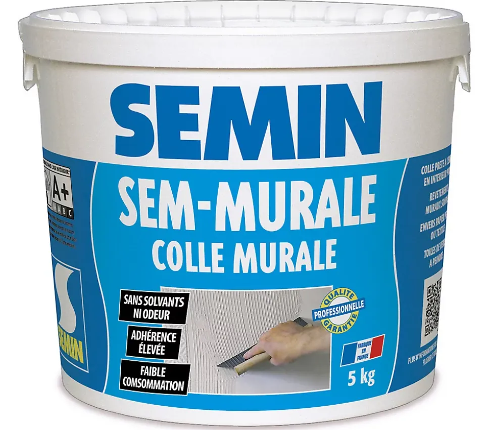 Colle pour Toiles de Verre et Revêtements Muraux Légers Semin Sem Murale, Prêt à l'Emploi, Seau 5 kg