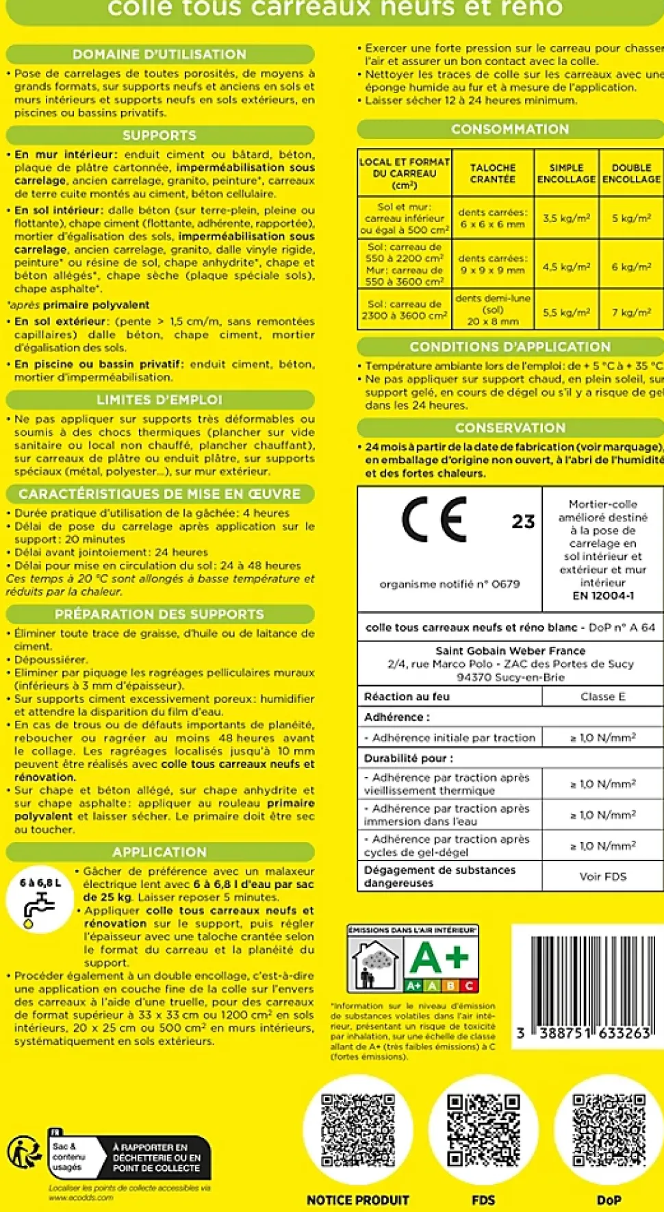 Colle tous carreaux neufs et réno blanc Weber 25kg