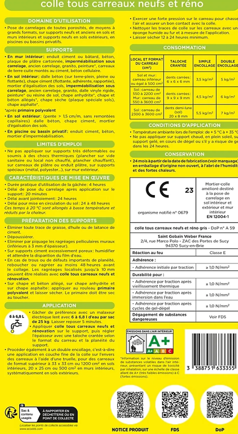 Colle tous carreaux neufs et réno gris Weber 25kg