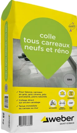 Colle tous carreaux neufs et réno gris Weber 25kg