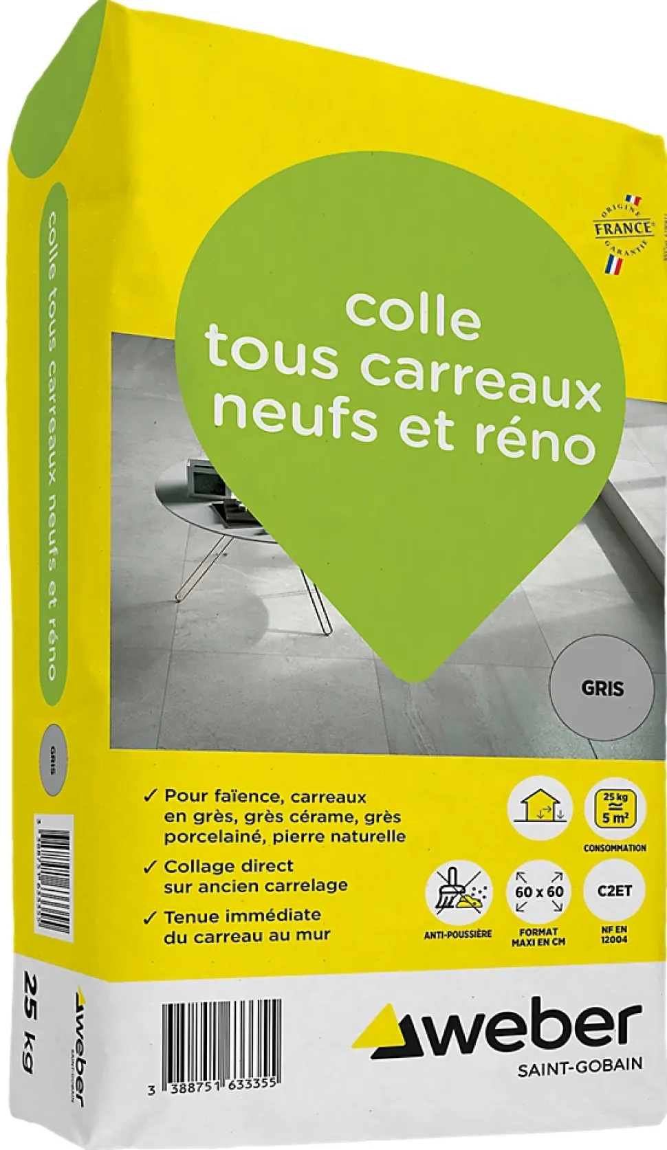 Colle tous carreaux neufs et réno gris Weber 25kg