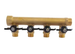 Collecteur laiton avec mini-vannes intégrées 4 départs M15/21 - Entrée F20/27 - Sortie M20/27 Somatherm for you