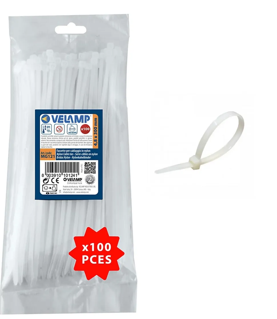 Colliers de fixation en nylon. Blancs. 4,8x300 - 100pces