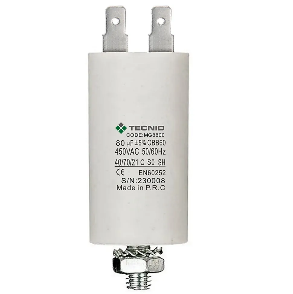 Condensateur de démarrage pour moteurs électriques, 450V, capacité : 80 microfarad, 4 broches / M8