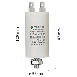 Condensateur de démarrage pour moteurs électriques, 450V, capacité : 80 microfarad, 4 broches / M8