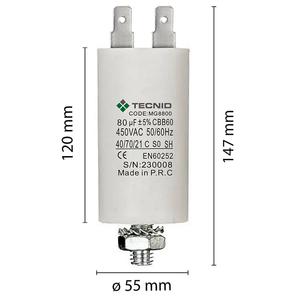 Condensateur de démarrage pour moteurs électriques, 450V, capacité : 80 microfarad, 4 broches / M8