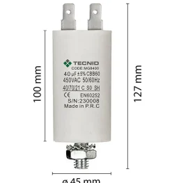 Condensateur de démarrage pour moteurs électriques, 450V, capacité : 40 microfarad, 4 broches / M8