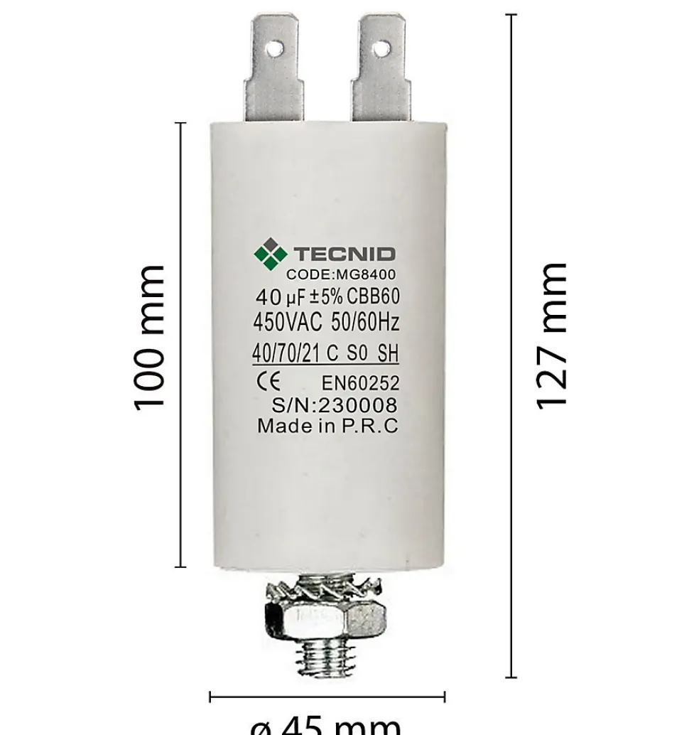 Condensateur de démarrage pour moteurs électriques, 450V, capacité : 40 microfarad, 4 broches / M8