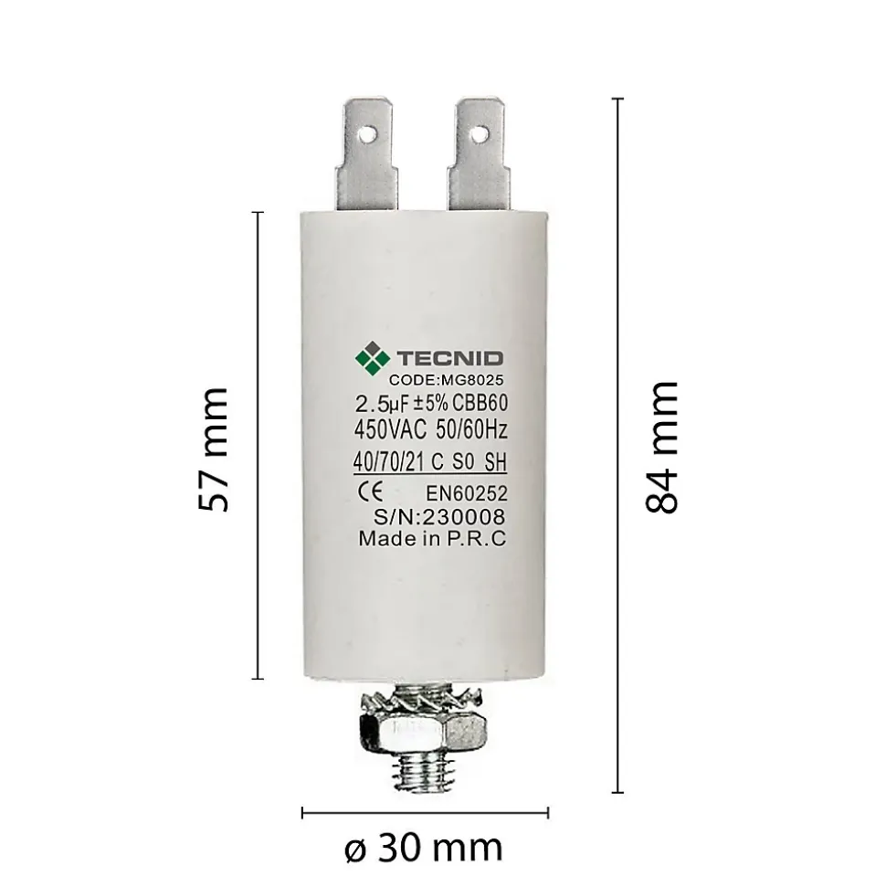 Condensateur de démarrage pour moteurs électriques, 450V, capacité : 2,5 microfarad, 4 broches / M8