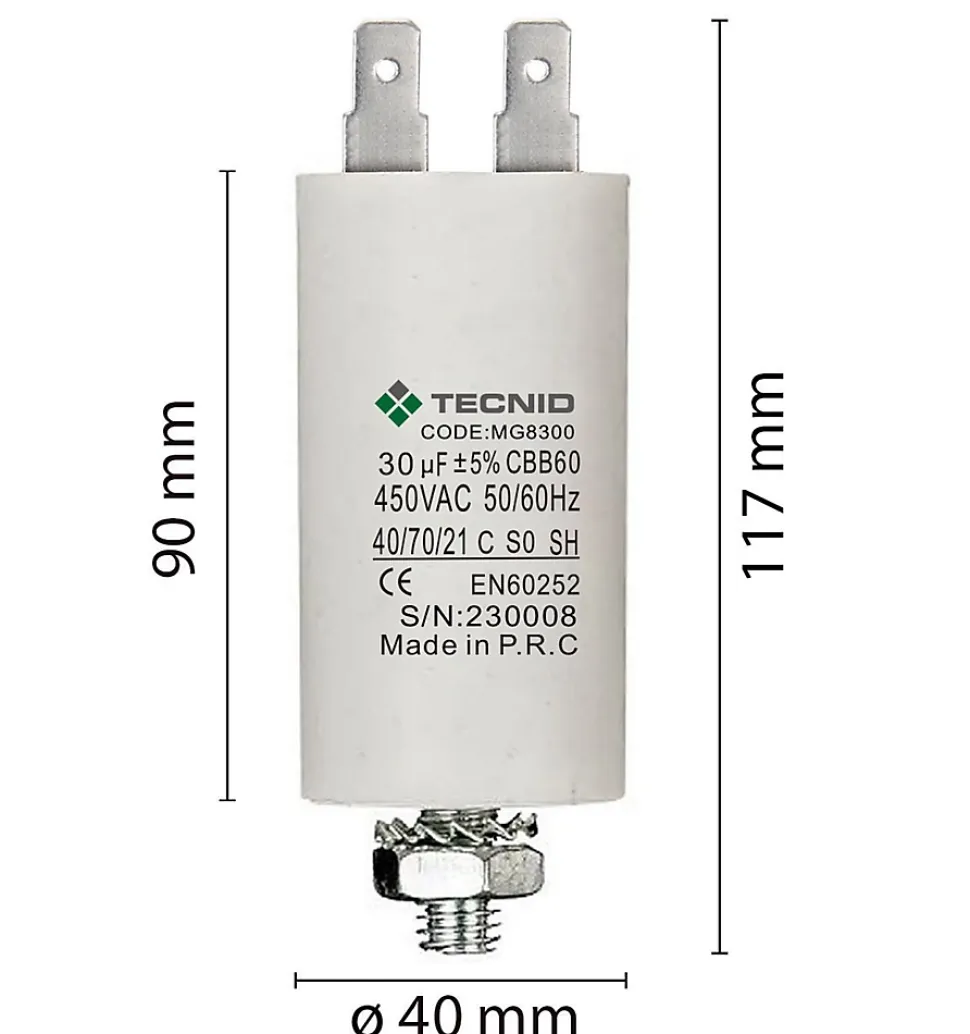 Condensateur de démarrage pour moteurs électriques, 450V, capacité : 30 microfarad, 4 broches / M8