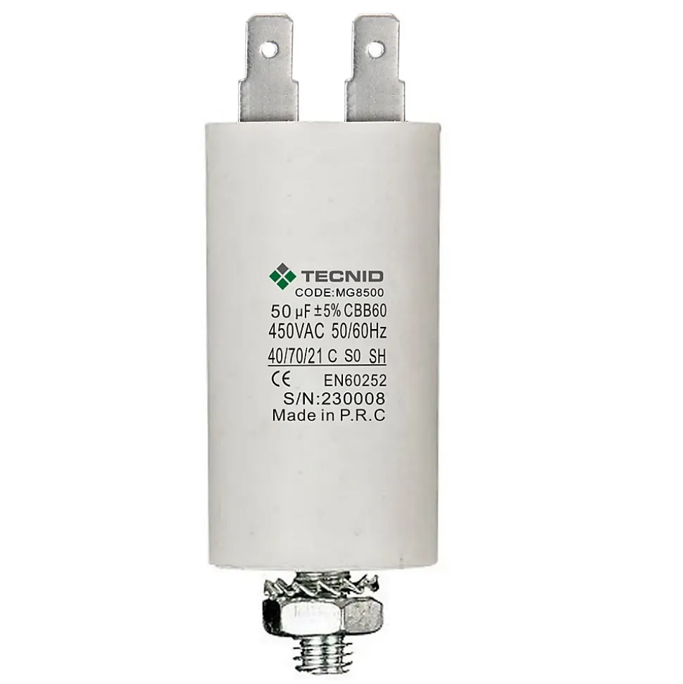 Condensateur de démarrage pour moteurs électriques, 450V, capacité : 50 microfarad, 4 broches / M8