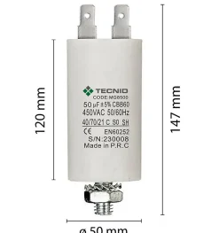 Condensateur de démarrage pour moteurs électriques, 450V, capacité : 50 microfarad, 4 broches / M8