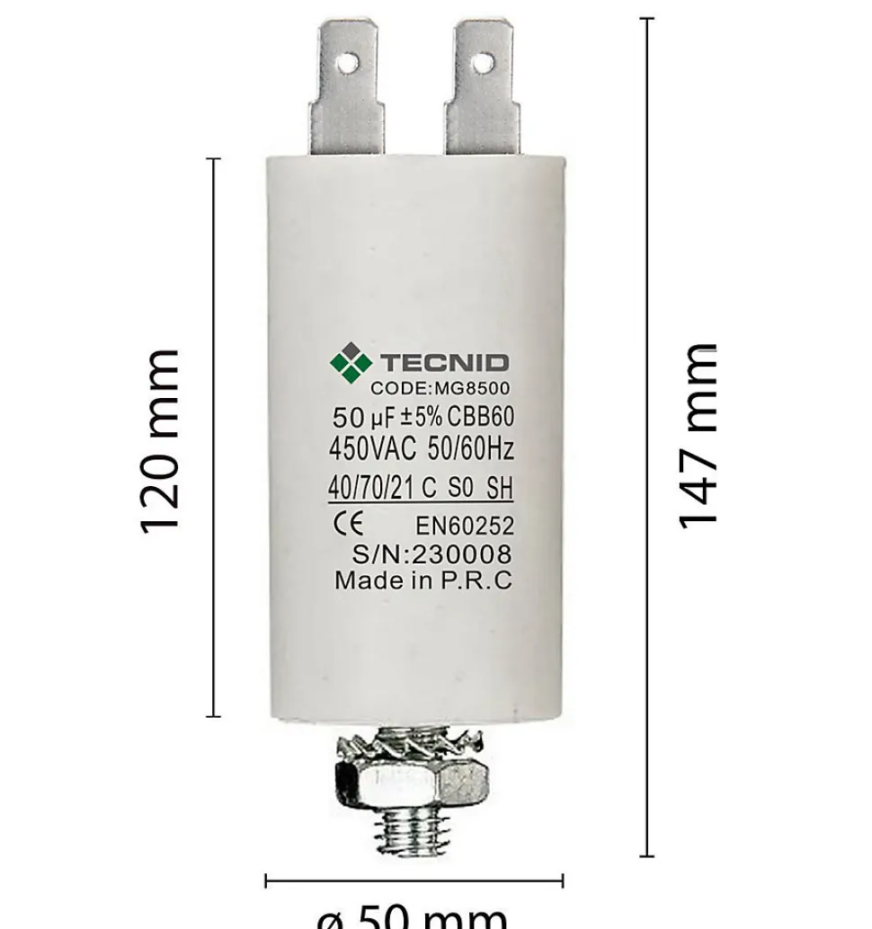 Condensateur de démarrage pour moteurs électriques, 450V, capacité : 50 microfarad, 4 broches / M8