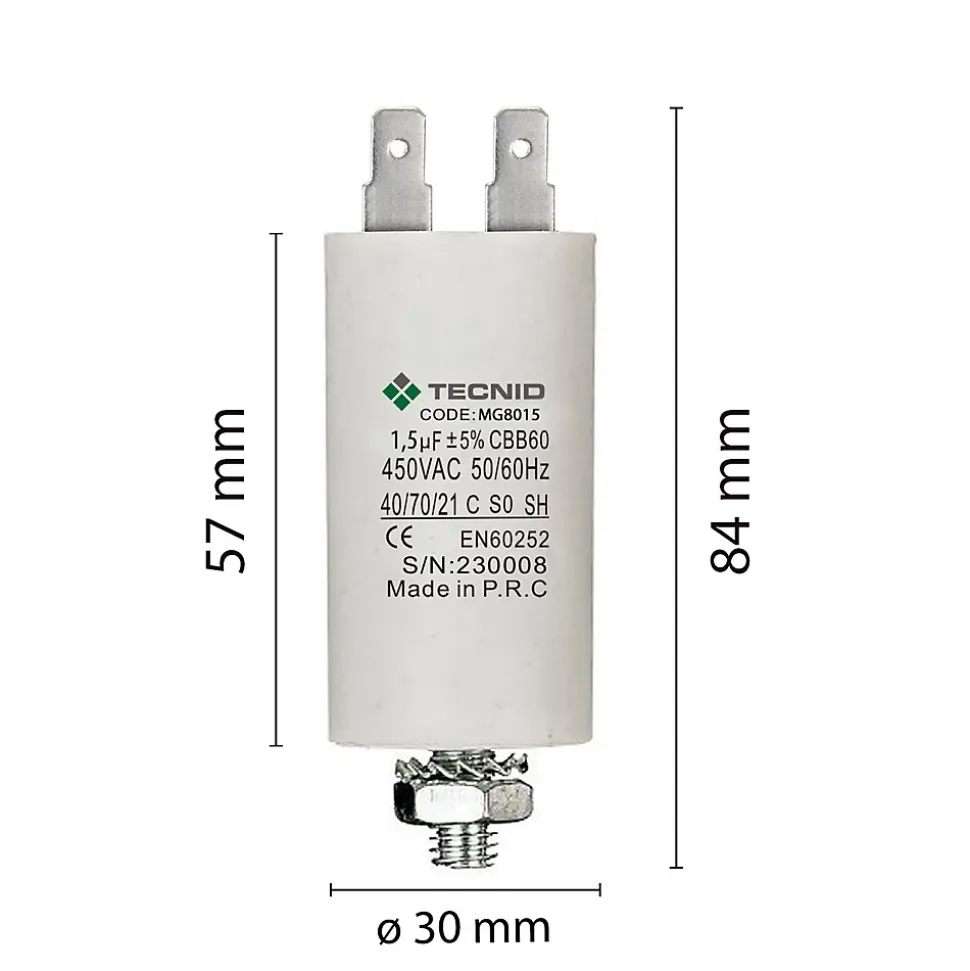 Condensateur de démarrage pour moteurs électriques, 450 V, capacité : 1,5 microfarad, 4 broches/M8