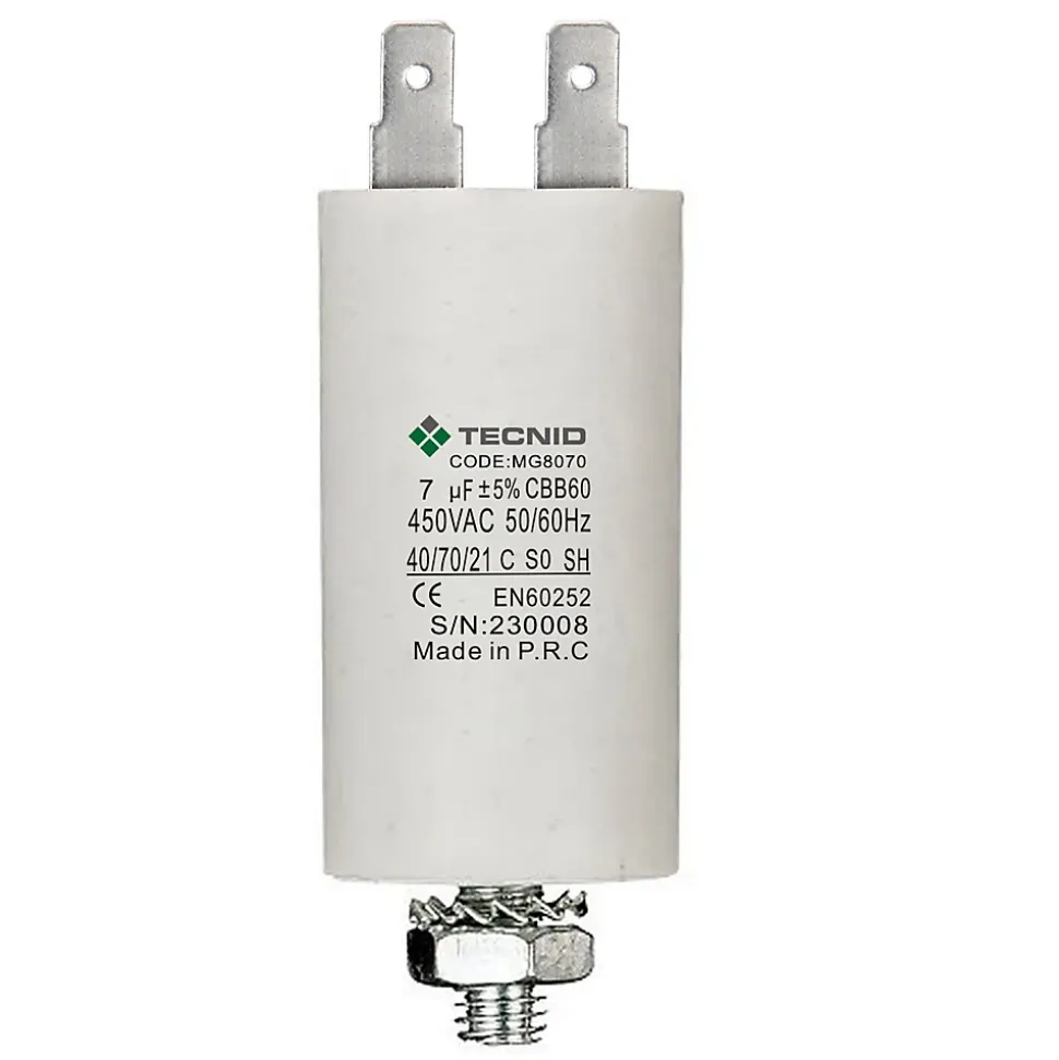 Condensateur de démarrage pour moteurs électriques, 450V, capacité : 7 microfarad, 4 broches / M8