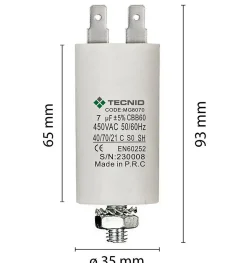 Condensateur de démarrage pour moteurs électriques, 450V, capacité : 7 microfarad, 4 broches / M8