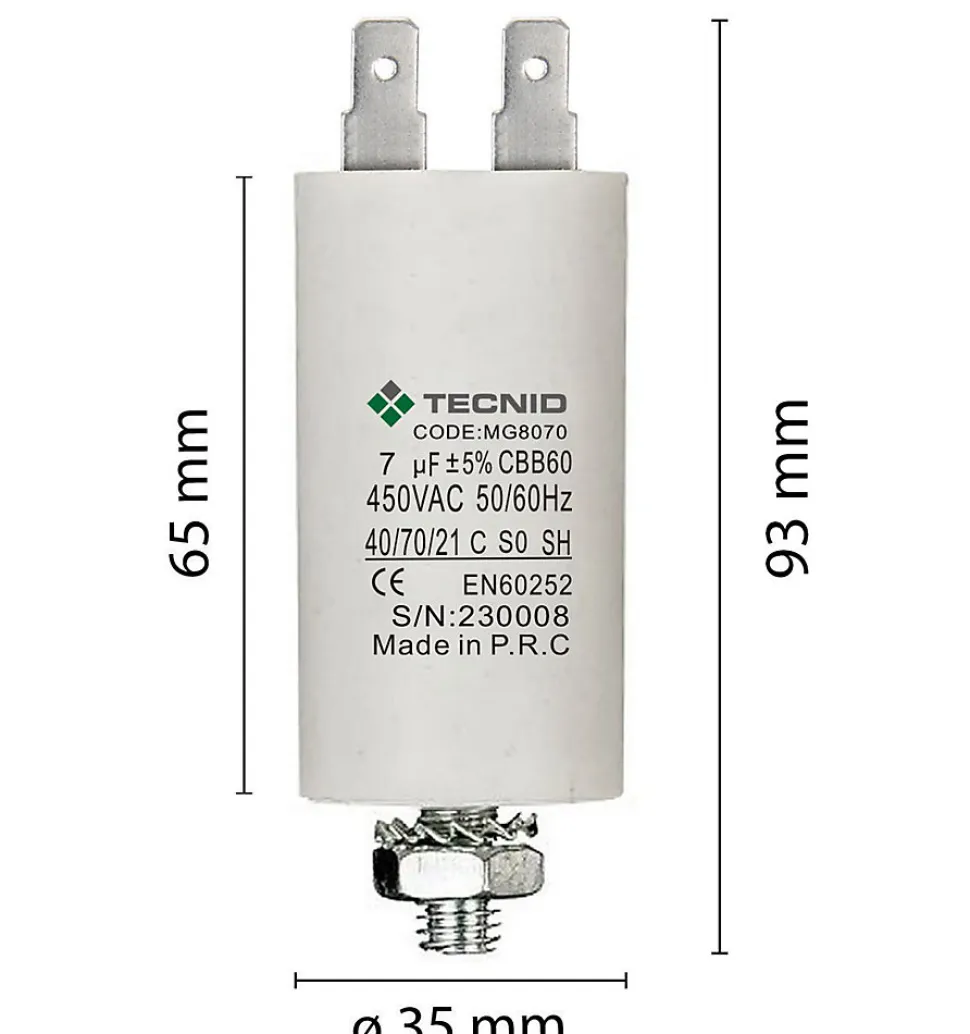 Condensateur de démarrage pour moteurs électriques, 450V, capacité : 7 microfarad, 4 broches / M8