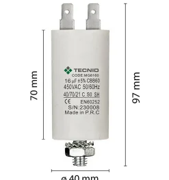Condensateur de démarrage pour moteurs électriques, 450V, capacité : 16 microfarad, 4 broches / M8