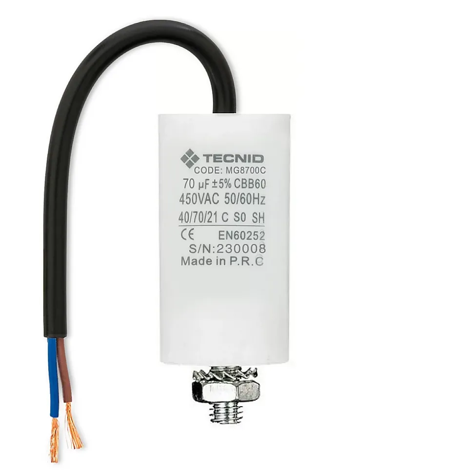 Condensateur de démarrage pour moteurs électriques, 450V, capacité : 70 microfarad, avec câble de 15cm