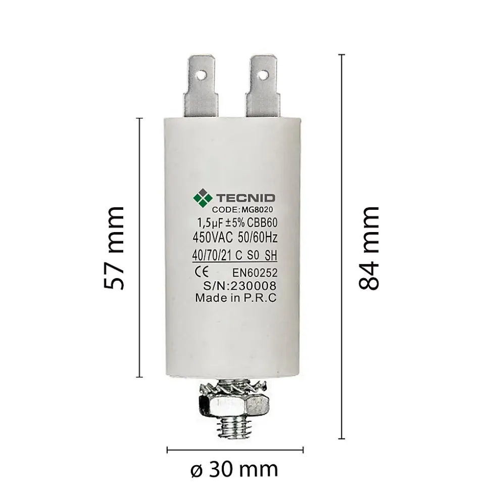Condensateur de démarrage pour moteurs électriques, 450V, capacité : 2 microfarad, 4 broches / M8