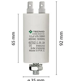 Condensateur de démarrage pour moteurs électriques, 450V, capacité : 10 microfarad, 4 broches / M8