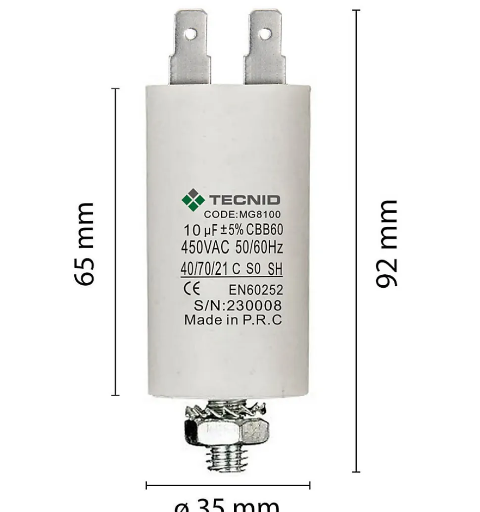 Condensateur de démarrage pour moteurs électriques, 450V, capacité : 10 microfarad, 4 broches / M8