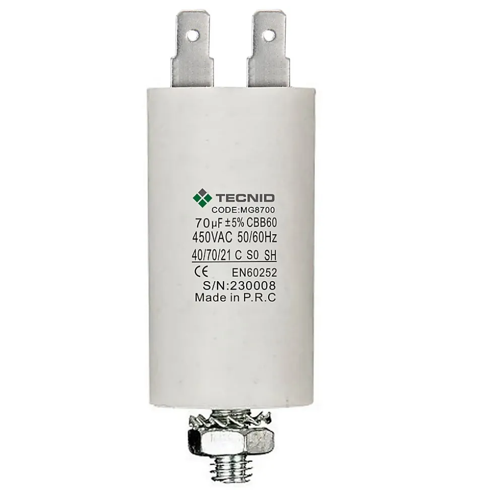 Condensateur de démarrage pour moteurs électriques, 450V, capacité : 70 microfarad, 4 broches / M8