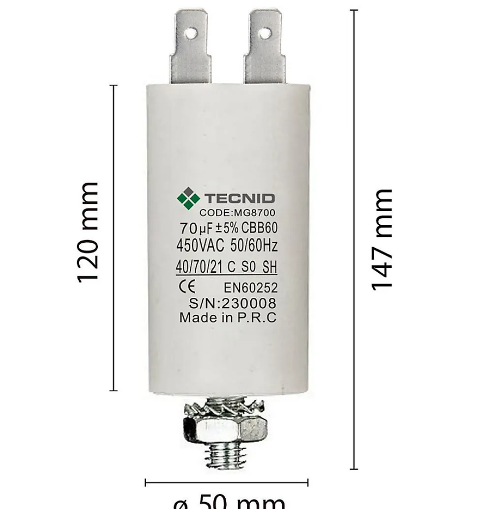 Condensateur de démarrage pour moteurs électriques, 450V, capacité : 70 microfarad, 4 broches / M8
