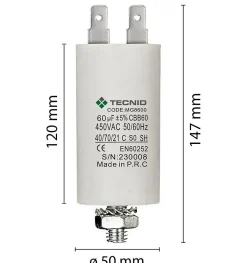 Condensateur de démarrage pour moteurs électriques, 450V, capacité : 60 microfarad, 4 broches / M8