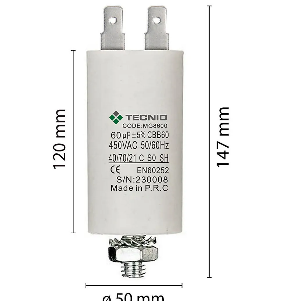Condensateur de démarrage pour moteurs électriques, 450V, capacité : 60 microfarad, 4 broches / M8