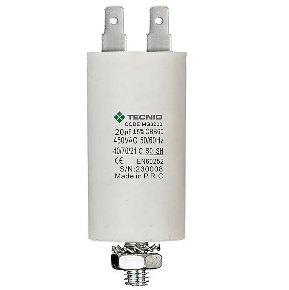 Condensateur de démarrage pour moteurs électriques, 450V, capacité : 20 microfarad, 4 broches / M8