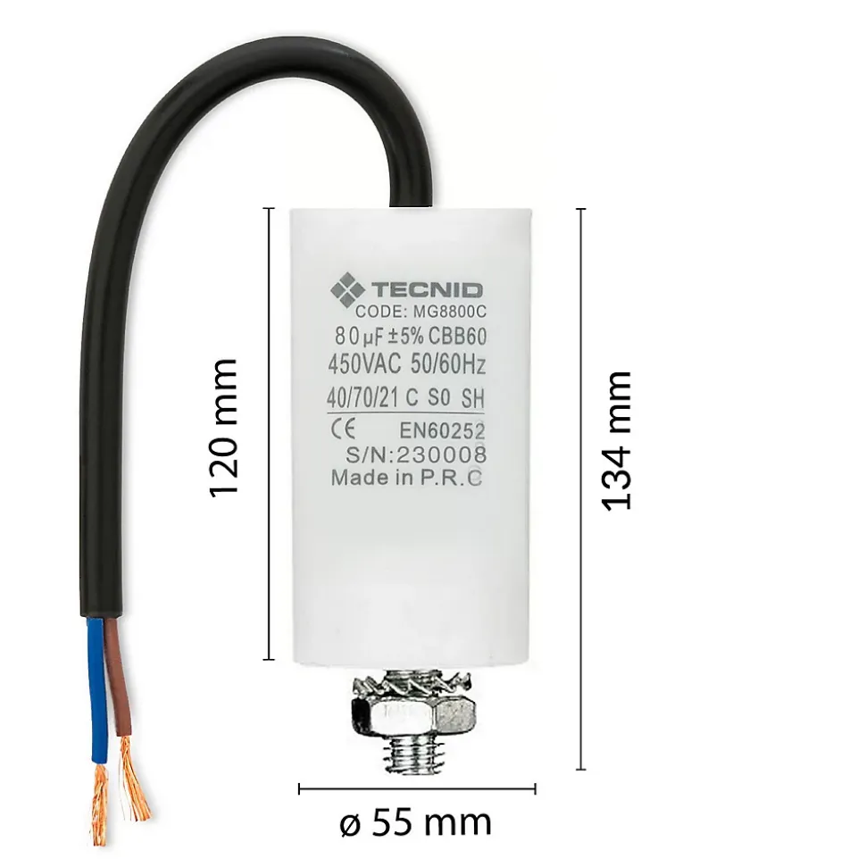 Condensateur de démarrage pour moteurs électriques, 450V, capacité : 80 microfarad, avec câble de 15cm