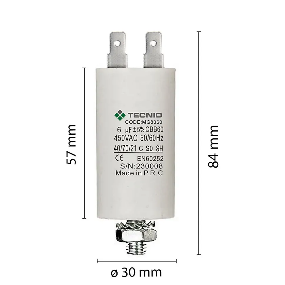 Condensateur de démarrage pour moteurs électriques, 450V, capacité : 6 microfarad, 4 broches / M8
