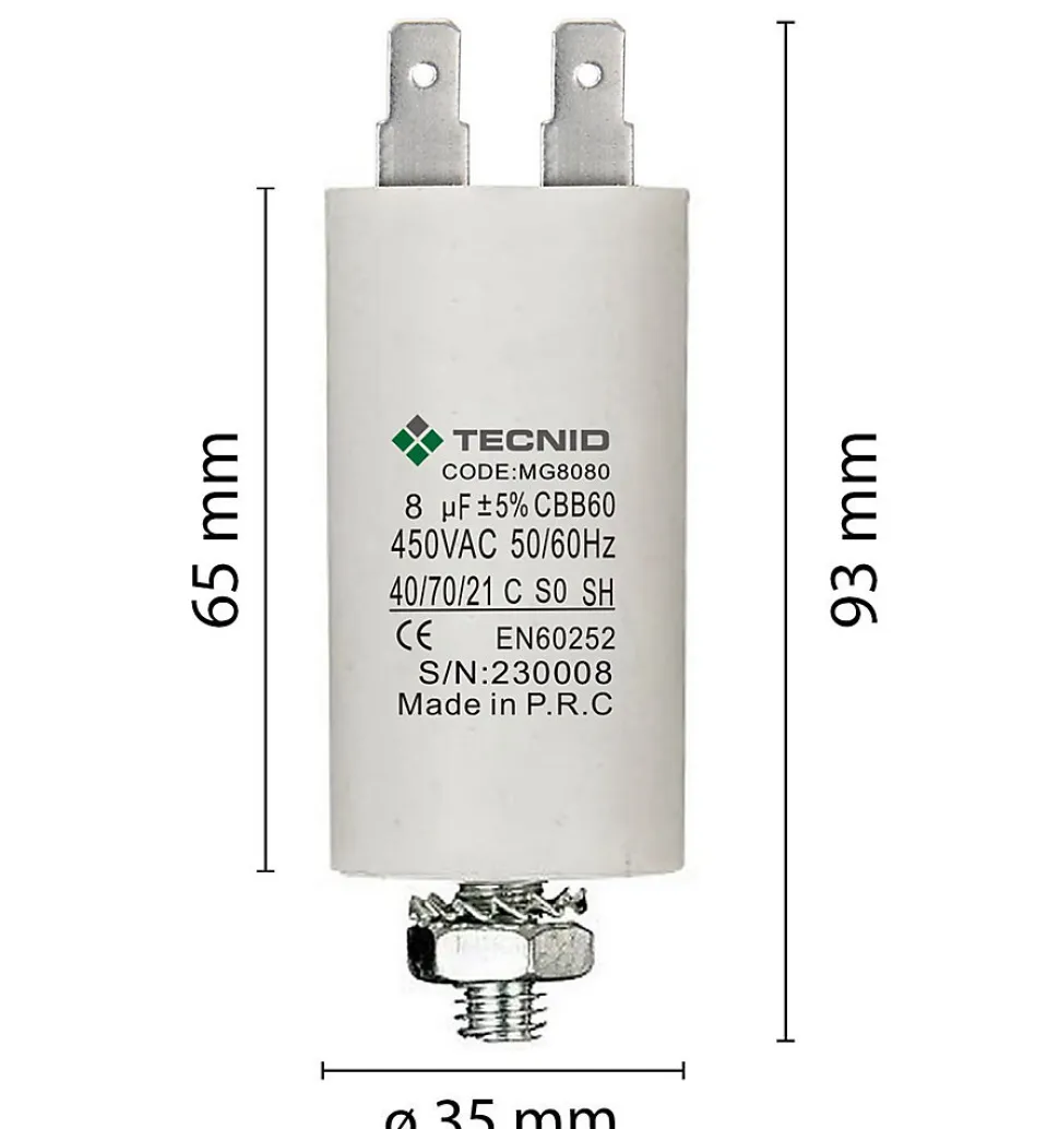 Condensateur de démarrage pour moteurs électriques, 450V, capacité : 8 microfarad, 4 broches / M8