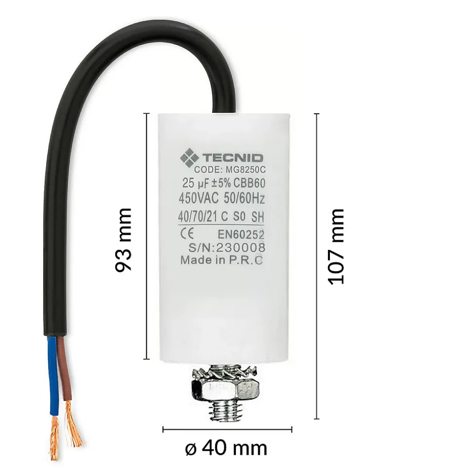 Condensateur de démarrage pour moteurs électriques, 450V, capacité : 25 microfarad, avec câble de 15cm
