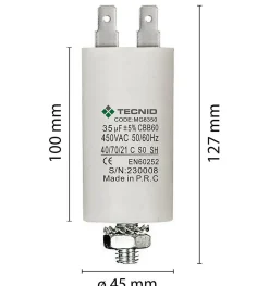 Condensateur de démarrage pour moteurs électriques, 450V, capacité : 35 microfarad, 4 broches / M8