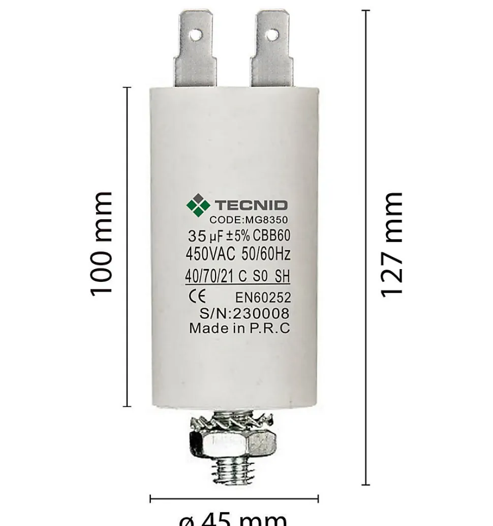 Condensateur de démarrage pour moteurs électriques, 450V, capacité : 35 microfarad, 4 broches / M8