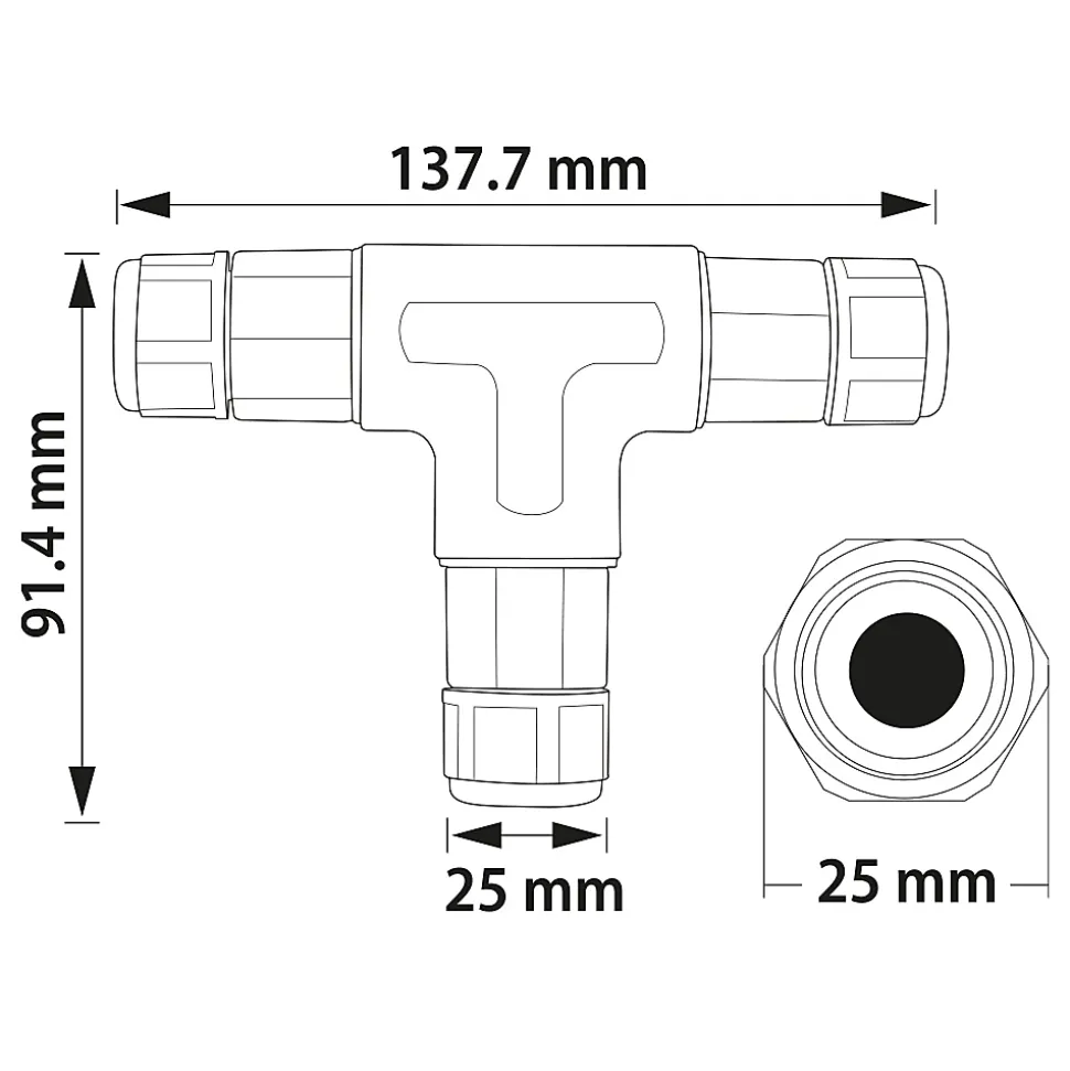 Connecteur de Câble Étanche, IP68, en T, 0,5-2,5 mm², 16 A, 250 V, 2 pcs