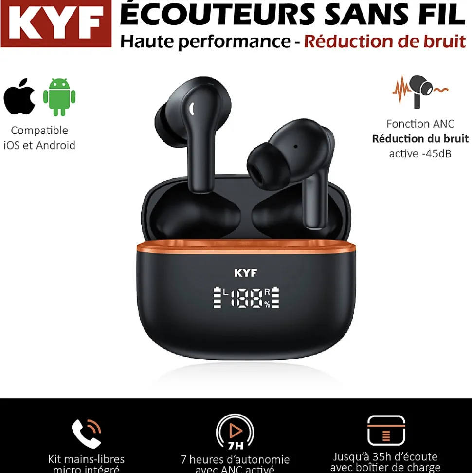 Écouteurs Bluetooth réduction bruit ANC -45dB, ENC -40dB et boitier de charge