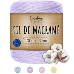 Creative Deco 3mm x 200m Corde Macramé Violet Pastel - Fil de Coton et Polyester +/- 0.5 mm Épaisseur - 30 Plis - Ficelle Naturel